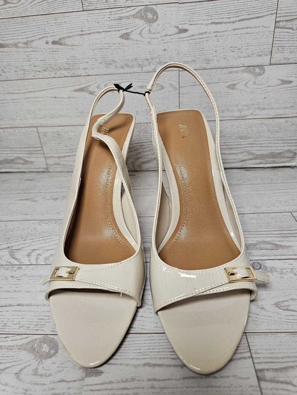 Zara Patent Cream Slingback Heels Size 38 US 7.5 Peep Toe Buckle Detail